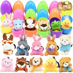 16Pcs Filled Easter Eggs with Mini Plush Animals Toys, Cute Small Stuffed Animals for Kids, Easter Party Favor, Easter Basket Stuffers Fillers, Easter Eggs Hunt