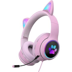 Gaming Headset Cat Ear Headphone with RGB LED Light Microphone Stereo Sound Glowing Over-Ear Gaming Headsets for Kids and Adult