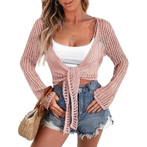 CARDYDONY Womens Hollow Out Shrugs Tie Front Cardigan Lightweight Knit Sweater S-XL