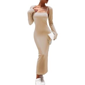 Women's 2 Piece Outfits Spring Casual Slip Bodycon Maxi Dress And Long Sleeve Open Front Cropped Cardigan Knit Matching Sets