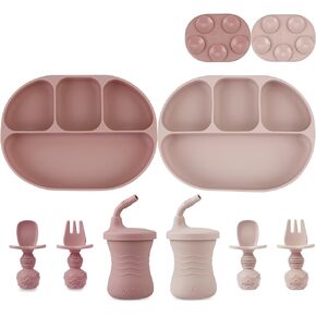 PandaEar 2 Silicone Suction Plate with 2 Tiny Sippy Cup and 2 Spoon 2 Fork for Self-Feeding, Divided Toddler Plate, 100% Silicone Baby Food Plate, BPA Free, 8 Pcs Silicone Baby Feeding Set
