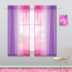 KOUFALL Short Sheer Curtains 45 Inch Length for Bathroom Decor Set of 2 Panels Rod Pocket Half Small Ombre Rainbow Colorful Curtains for Kitchen Windows Bedroom Light Purple and Aqua Teal Turquoise