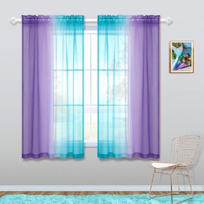 KOUFALL Short Sheer Curtains 45 Inch Length for Bathroom Decor Set of 2 Panels Rod Pocket Half Small Ombre Rainbow Colorful Curtains for Kitchen Windows Bedroom Light Purple and Aqua Teal Turquoise in Kuwait