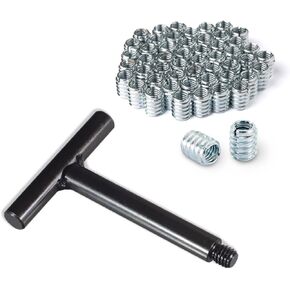POWERTEC 71813 3/8"-16 Threaded Insert Installation Tool Set | T-Wrench with 50-PC Zinc Plated Threaded Inserts for Wood Furniture | 3/8"-16 Internal Threads x 18mm Long