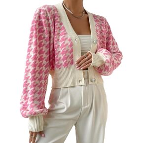 Women Houndstooth Print Button Down Crop Sweater Cardigan Lantern Sleeve V Neck Drop Shoulder Casual Crop Bolero