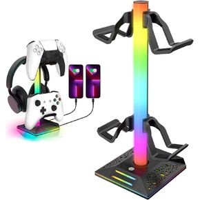 RGB Headphone Stand，Gaming Controller Holder，Desk Gaming Headset Holder with 10 Light Mode 2 USB Charging and 1 Type-C，Memory Feature for Gamers PC Earphone Accessories Desk