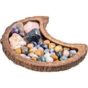 Moon Tray Crystal Holder Rustic Wood 10.5'', Decorative Crescent Moon Tray for Essential Oils, Jewelry Display Organizer, Stones | Vintage Wooden Vanity Tray, Celestial Decor