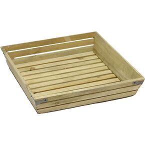 Natural Wood Large Shallow Square Crate with Metal Corner Design, 020-NTRL