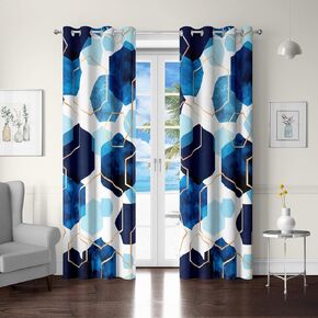 Tritard Blue and White Curtains Modern Abstract Geometric Print Darkening Window Drapes 2 Panels with Grommet Top Ombre Marble Hexagon Pattern Curtains for Bedroom, Living Room, Office, 52x63 inches