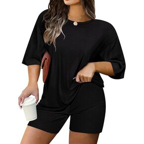 RITERA Plus Size 2 Piece Outfits Short Sleeve Summer Ribbed Knit Lounge Sets Drawstring Shorts