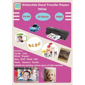 20 Sheets Inkjet White Waterslide Decal Paper A4 Size DIY Printable Water Slide Transfer for Tumblers Mugs Glasses Wood