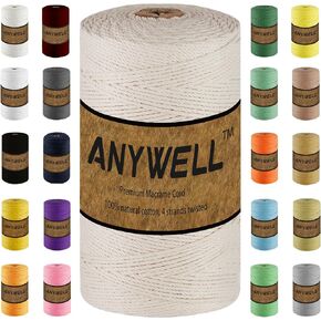 Macrame Cord 4mm x 300yard, Cotton Cord, Macrame Rope, Corde Macramé, Not Dyed, Handmade Soft 4-Strand Twisted Cotton Rope for Macrame, Wall Hanging, Plant Hanger, DIY Craft Making, Knitting