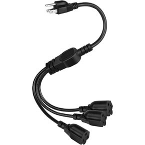 3 Prong 1 to 3 Outlet Power Cord Splitter Cord, 1.6FT 16AWG 10A/1250W, NEMA 5-15P to 3X NEMA 5-15R Y Style 3-Outlet Extension Cord for Home, Room, Office (Black)
