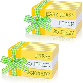 Whaline Summer Tiered Tray Decorations Mini Wooden Books Stack with Ribbon 2Pcs Yellow White Lemon Wooden Book Fresh Lemonade Prints Faux Book Bundles Tabletop Centerpieces for Entryway Home Decor