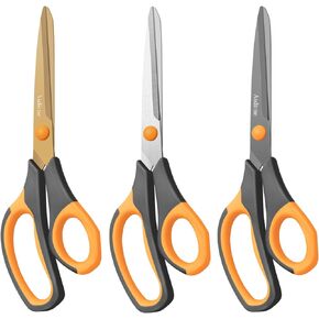 Titanium Scissors, Premium 8.6" All Purpose Scissors, Ultra Sharp Stainless Steel Blades, Comfortable Grip, Great for Craft, Office, School and Everyday Use, Black/orange, 21.8cm, Pack of 3