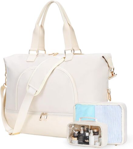 Travel Duffle Bag for Women, BAHIWOM Weekender Bag with Shoe Compartment and Wet Pocket, Carry on Overnight Bag with Toiletry & Cosmetic Bag, Tote Gym Bag for Travel, Yoga, Sports(Beige) in Kuwait