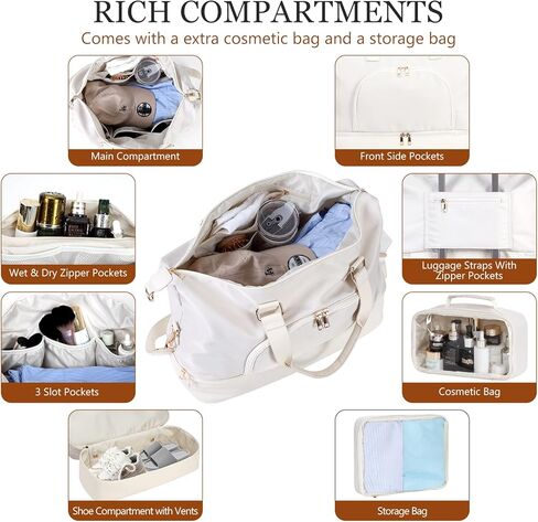 Travel Duffle Bag for Women, BAHIWOM Weekender Bag with Shoe Compartment and Wet Pocket, Carry on Overnight Bag with Toiletry & Cosmetic Bag, Tote Gym Bag for Travel, Yoga, Sports(Beige) in Kuwait