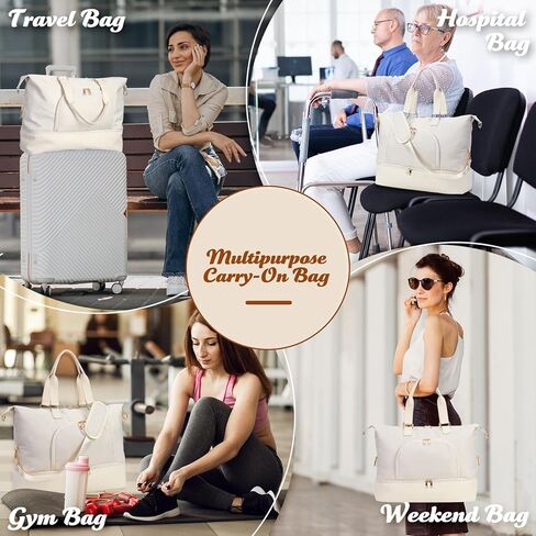 Travel Duffle Bag for Women, BAHIWOM Weekender Bag with Shoe Compartment and Wet Pocket, Carry on Overnight Bag with Toiletry & Cosmetic Bag, Tote Gym Bag for Travel, Yoga, Sports(Beige) in Kuwait