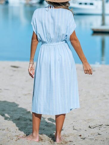 CUPSHE Women's Cover Up V Neck Midi Dress Short Sleeves Beachwear Casual Coverups Striped Summer 2024 in Kuwait