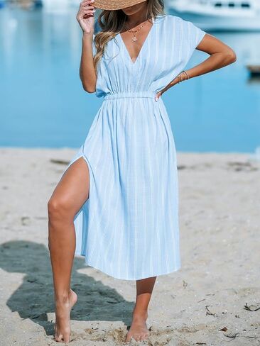 CUPSHE Women's Cover Up V Neck Midi Dress Short Sleeves Beachwear Casual Coverups Striped Summer 2024 in Kuwait