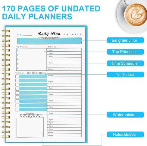 Joyberg Daily Planner 87 ورقة غير مؤرخة، 8.3 بوصة × 5.7 بوصة للقيام بقائمة دفتر ملاحظات بسلك مزدوج، دفتر مخطط A5 كل ساعة، دفتر يومية لتتبع عادات المفكرة للاجتماعات والمواعيد in Kuwait