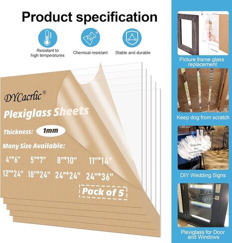 Acrylic Sheets 8x10, 0.04" Thick Clear Plastic Plexiglass Sheets for Picture Frames, Signs, Art Projects, DIY Crafts, Glass Replacement (Pack of 5) in Saudi Arabia