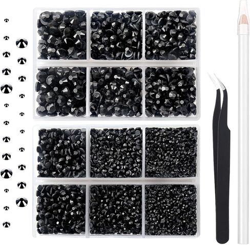 7000 قطعة من أحجار الراين الزجاجية الساخنة (أسود)، يمكن كيها على أحجار الراين المسطحة مع ملقط وقلم منتقي، أحجار كريمة مستديرة من الكريستال للتثبيت الساخن للحرف اليدوية (SS6 10 16 20 30) in Kuwait