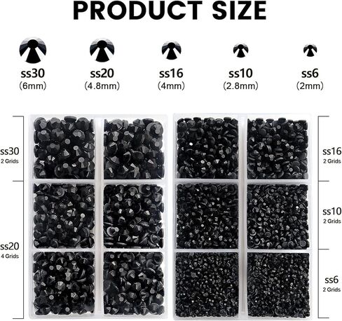 7000 قطعة من أحجار الراين الزجاجية الساخنة (أسود)، يمكن كيها على أحجار الراين المسطحة مع ملقط وقلم منتقي، أحجار كريمة مستديرة من الكريستال للتثبيت الساخن للحرف اليدوية (SS6 10 16 20 30) in Kuwait