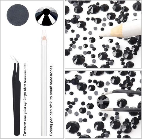 7000 قطعة من أحجار الراين الزجاجية الساخنة (أسود)، يمكن كيها على أحجار الراين المسطحة مع ملقط وقلم منتقي، أحجار كريمة مستديرة من الكريستال للتثبيت الساخن للحرف اليدوية (SS6 10 16 20 30) in Kuwait