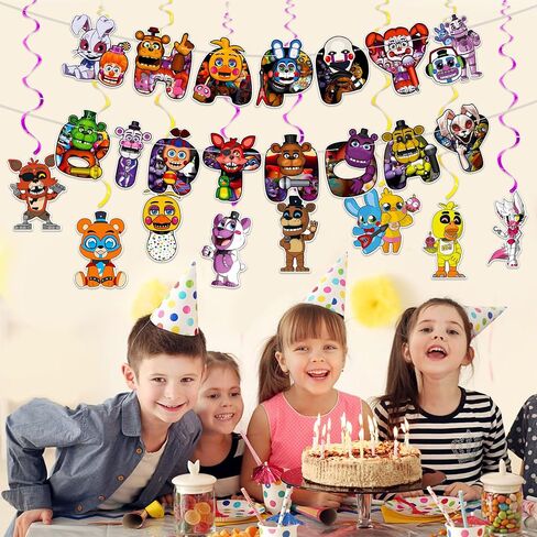 Five Nights Birthday Party Supplies - Five Nights Happy Birthday Banner, Hanging Swirls, Game Themed Party Decorations for Kids Boys Girls FNF Birthday Party Decor in Saudi Arabia
