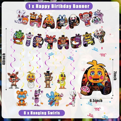 Five Nights Birthday Party Supplies - Five Nights Happy Birthday Banner, Hanging Swirls, Game Themed Party Decorations for Kids Boys Girls FNF Birthday Party Decor in Saudi Arabia