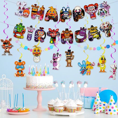 Five Nights Birthday Party Supplies - Five Nights Happy Birthday Banner, Hanging Swirls, Game Themed Party Decorations for Kids Boys Girls FNF Birthday Party Decor in Saudi Arabia