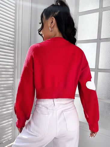 SHENHE Women's Heart Print Drop Shoulder Open Front Cute Cropped Sweater Cardigan in Saudi Arabia