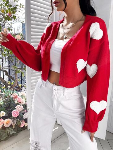 SHENHE Women's Heart Print Drop Shoulder Open Front Cute Cropped Sweater Cardigan in Saudi Arabia
