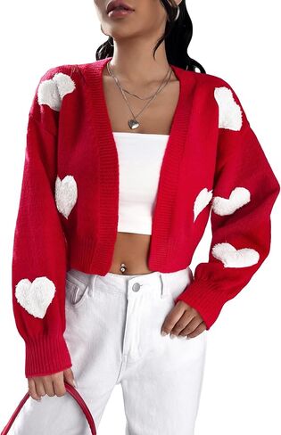 SHENHE Women's Heart Print Drop Shoulder Open Front Cute Cropped Sweater Cardigan in Saudi Arabia