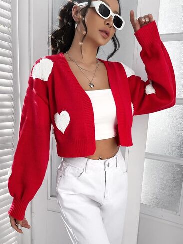 SHENHE Women's Heart Print Drop Shoulder Open Front Cute Cropped Sweater Cardigan in Saudi Arabia