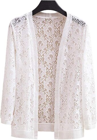 Femiserah Women's Long Sleeve Open Front Floral Lace Mesh Cardigan in Saudi Arabia