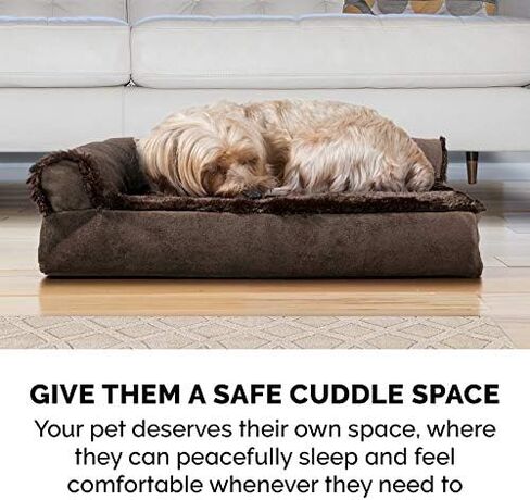 Furhaven Orthopedic Dog Bed for Large Dogs w/ Removable Bolsters & Washable Cover, For Dogs Up to 95 lbs - Two-Tone Plush Faux Fur & Suede L Shaped Chaise - Stone Gray, Jumbo/XL in Saudi Arabia