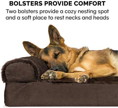 Furhaven Orthopedic Dog Bed for Large Dogs w/ Removable Bolsters & Washable Cover, For Dogs Up to 95 lbs - Two-Tone Plush Faux Fur & Suede L Shaped Chaise - Stone Gray, Jumbo/XL in Saudi Arabia