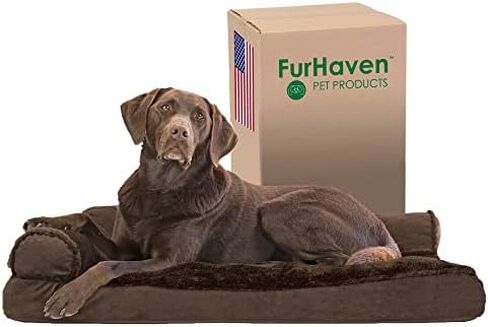 Furhaven Orthopedic Dog Bed for Large Dogs w/ Removable Bolsters & Washable Cover, For Dogs Up to 95 lbs - Two-Tone Plush Faux Fur & Suede L Shaped Chaise - Stone Gray, Jumbo/XL in Saudi Arabia
