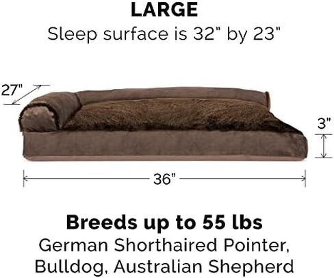 Furhaven Orthopedic Dog Bed for Large Dogs w/ Removable Bolsters & Washable Cover, For Dogs Up to 95 lbs - Two-Tone Plush Faux Fur & Suede L Shaped Chaise - Stone Gray, Jumbo/XL in Saudi Arabia