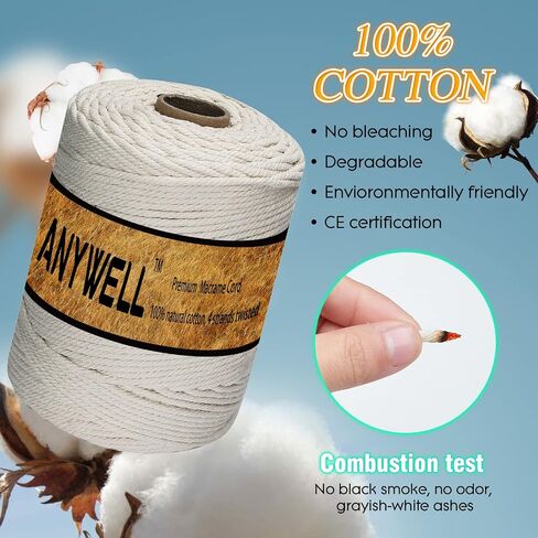 Macrame Cord 4mm x 300yard, Cotton Cord, Macrame Rope, Corde Macramé, Not Dyed, Handmade Soft 4-Strand Twisted Cotton Rope for Macrame, Wall Hanging, Plant Hanger, DIY Craft Making, Knitting in Saudi Arabia