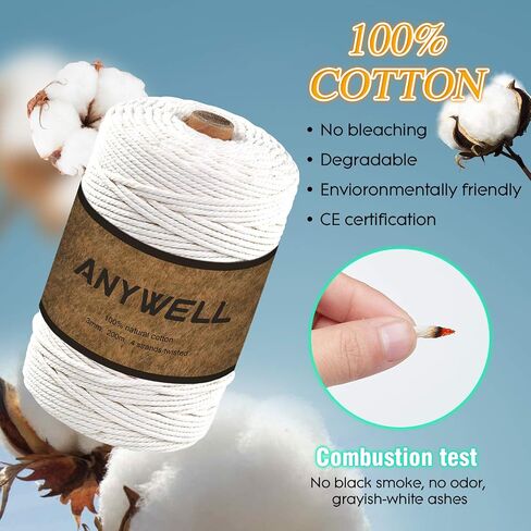 Macrame Cord 4mm x 300yard, Cotton Cord, Macrame Rope, Corde Macramé, Not Dyed, Handmade Soft 4-Strand Twisted Cotton Rope for Macrame, Wall Hanging, Plant Hanger, DIY Craft Making, Knitting in Saudi Arabia
