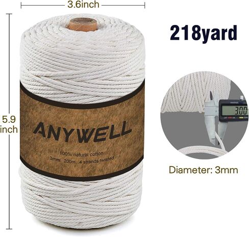Macrame Cord 4mm x 300yard, Cotton Cord, Macrame Rope, Corde Macramé, Not Dyed, Handmade Soft 4-Strand Twisted Cotton Rope for Macrame, Wall Hanging, Plant Hanger, DIY Craft Making, Knitting in Saudi Arabia