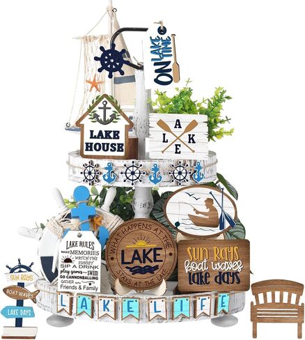 Tatuo 16 Pcs Summer Tiered Tray Decor Set Lake Wooden Signs Summer Ocean Boat Anchor Table Decorations Rustic Farmhouse Lake House Wood Block Signs for Home Kitchen Tabletop Holiday Party Decor in Saudi Arabia