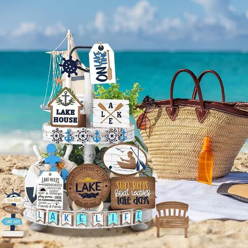 Tatuo 16 Pcs Summer Tiered Tray Decor Set Lake Wooden Signs Summer Ocean Boat Anchor Table Decorations Rustic Farmhouse Lake House Wood Block Signs for Home Kitchen Tabletop Holiday Party Decor in Saudi Arabia