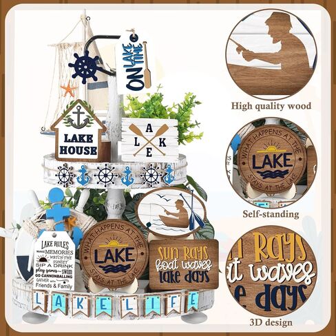 Tatuo 16 Pcs Summer Tiered Tray Decor Set Lake Wooden Signs Summer Ocean Boat Anchor Table Decorations Rustic Farmhouse Lake House Wood Block Signs for Home Kitchen Tabletop Holiday Party Decor in Saudi Arabia