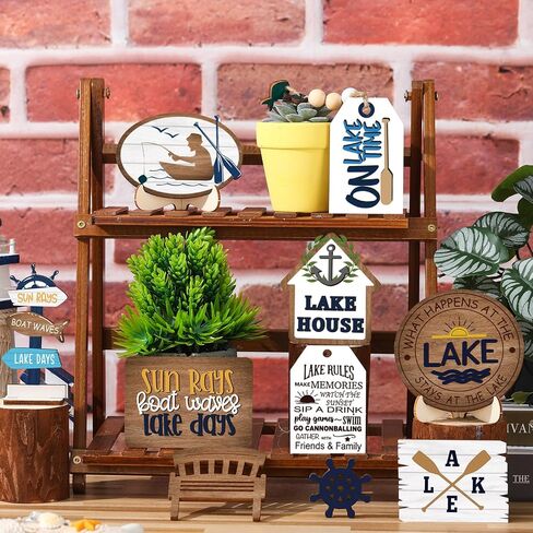Tatuo 16 Pcs Summer Tiered Tray Decor Set Lake Wooden Signs Summer Ocean Boat Anchor Table Decorations Rustic Farmhouse Lake House Wood Block Signs for Home Kitchen Tabletop Holiday Party Decor in Saudi Arabia