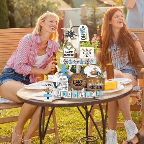 Tatuo 16 Pcs Summer Tiered Tray Decor Set Lake Wooden Signs Summer Ocean Boat Anchor Table Decorations Rustic Farmhouse Lake House Wood Block Signs for Home Kitchen Tabletop Holiday Party Decor in Saudi Arabia