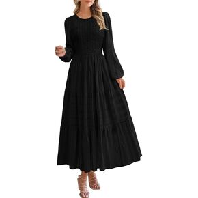 Prettygarden Womens Long Sleeve Dresses Dresses عارضة طاقم رقبة صاخبة عالية الخصر فستان ماكسي متدفق مع جيوب in Kuwait